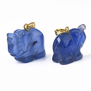 Natural Agate Pendants, with Golden Plated Metal(Brass or Iron Materials Random Delivery) Snap On Bails, Dyed, Elephant, Blue, 17~19x20~22.5x11.5~12.5mm, Hole: 2.5x6mm(G-R459-003C)