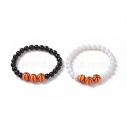 Acrylic Basketball Beaded Stretch Bracelets, Black & White Round Bead Couple Bracelet Set, Mixed Color, Inner Diameter: 2-1/4 inch(5.6cm), 2pcs/set(BJEW-JB09197)