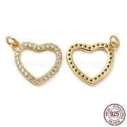 925 Sterling Silver Micro Pave Cubic Zirconia Charms, Heart Charm, with Jump Ring, Real 18K Gold Plated, 11x13x1.5mm, Hole: 2.3mm(STER-I010-21G)
