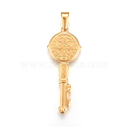 304 Stainless Steel Big Pendants, Key with Saint Benedict Medal, Golden, 52x20.5x3.5mm, Hole: 4.5x8.5mm(STAS-L210-02G)