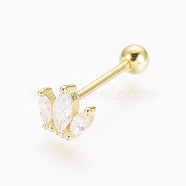 925 Sterling Silver Barbell Cartilage Earrings, Screw Back Earrings, with Cubic Zirconia, Crown, Golden, 5x6x2mm, Pin: 0.8mm(STER-G031-32G)