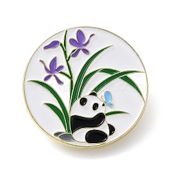 Panda with Orchid Enamel Pins, Golden Zinc Alloy Cartoon Badge for Backpack Clothes, Mauve, 35x1.5mm(JEWB-A016-02A-01)