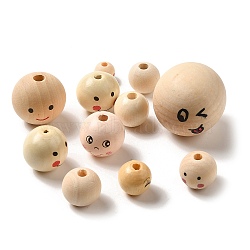 Wood European Beads, Round with Smiling Face, Wheat, 12~39x10.5~39mm, Hole: 4~6mm(WOOD-XCP0001-80)