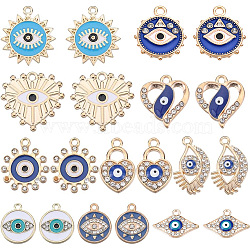 40Pcs 10 Styles Evil Eye Alloy Enamel Pendants, with Crystal Rhinestone, Flower & Flat Round & Heart & Sun Charms, Light Gold, 14.5~22x12~21x1.5~3.5mm, Hole: 1.5~2mm, 4pcs/style(FIND-SC0006-75)