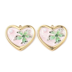304 Stainless Steel Pendants, Heart with Flower, with Enamel and ABS Plastic Imitation Pearl, Real 18K Gold Plated, Pink, 21.5x24x4.5mm, Hole: 1.6mm(STAS-C134-09G-02)