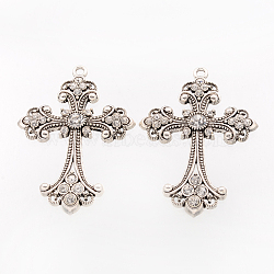 Alloy Rhinestone Cross Big Gothic Pendants, Lead Free & Cadmium Free, Antique Silver, 75x50x7mm, Hole: 3.5mm(X-ALRI-1475-RS)