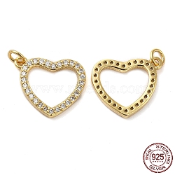 925 Sterling Silver Micro Pave Cubic Zirconia Charms, Heart Charm, with Jump Ring, Real 18K Gold Plated, 11x13x1.5mm, Hole: 2.3mm(STER-I010-21G)