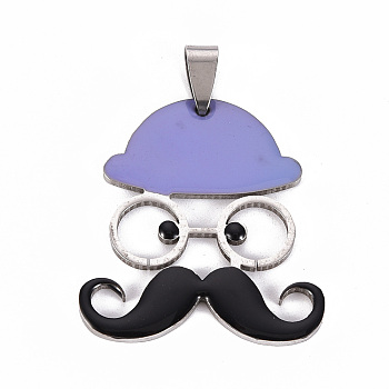 201 Stainless Steel Enamel Pendants, Human with Mustache and Hat, Medium Purple, 35x31.5x2mm, Hole: 8x4mm