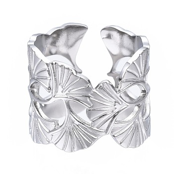 304 Stainless Steel Ginkgo Leaf Wrap Open Cuff Ring, Chunky Hollow Ring for Women, Stainless Steel Color, US Size 6 3/4(17.1mm)