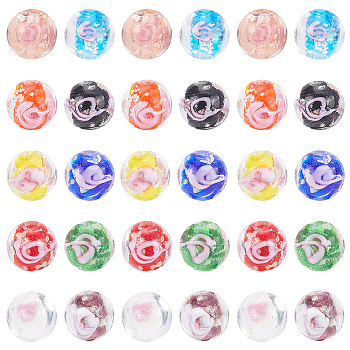 PandaHall Elite 60Pcs 10 Colors Handmade Luminous Inner Flower Lampwork Beads, Round, Mixed Color, 9~10mm, Hole: 1~2mm, 6pcs/color