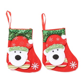Cloth Hanging Christmas Stocking, with Paillettes, Candy Gift Bag, for Christmas Tree Decoration, Bear, Red, 150x122x22mm