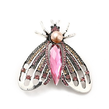 Colorful Rhinestone Moth Brooch with Imitation Pearl Beaded, Alloy Badge for Backpack Clothes, Antique Silver, 48x47.5x10mm, Pin: 0.6mm
