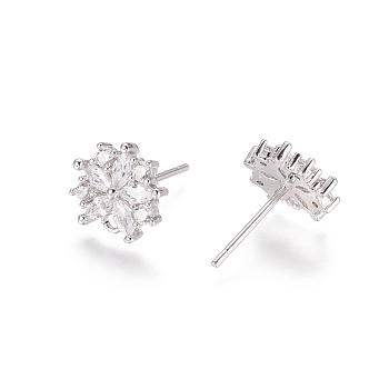 Brass Cubic Zirconia Stud Earring Findings, with Loop, Flower, Clear, Platinum, 14.5mm, Pin: 0.8mm