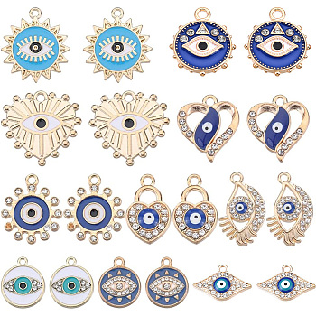 40Pcs 10 Styles Evil Eye Alloy Enamel Pendants, with Crystal Rhinestone, Flower & Flat Round & Heart & Sun Charms, Light Gold, 14.5~22x12~21x1.5~3.5mm, Hole: 1.5~2mm, 4pcs/style