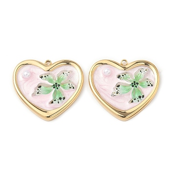 304 Stainless Steel Pendants, Heart with Flower, with Enamel and ABS Plastic Imitation Pearl, Real 18K Gold Plated, Pink, 21.5x24x4.5mm, Hole: 1.6mm