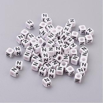 Acrylic Horizontal Hole Letter Beads, Cube, White, Letter N, Size: about 6mm wide, 6mm long, 6mm high, hole: about 3.2mm, about 2600pcs/500g