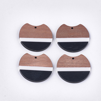 Tri-color Resin & Walnut Wood Pendants, Gap Flat Round, Black, 34x36.5x3.5mm, Hole: 2mm