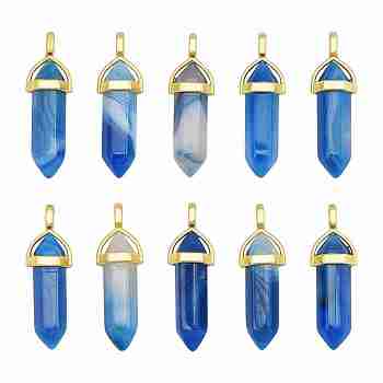 10Pcs Natural Banded Agate Pointed Pendants, with Random Alloy Pendant Hexagon Bead Cap Bails, Golden, Bullet, Dyed & Heated, 37~40x12.5x10mm, Hole: 3x4.5mm