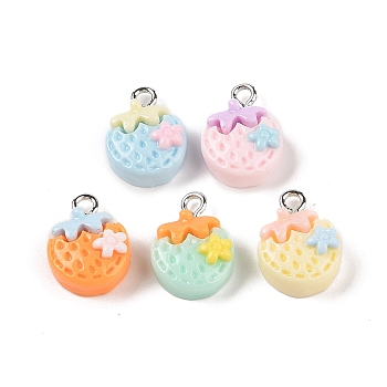 Opaque Resin Pendants, Macaron Color Charms with Platinum Plated Iron Loops, Mixed Color, Strawberry, 16x12x6mm, Hole: 2mm