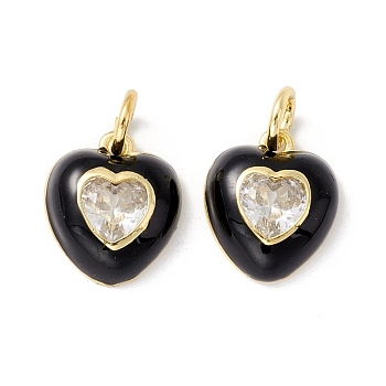 Rack Plating Brass Clear Cubic Zirconia Charms, with Enamel, Cadmium Free & Lead Free, Real 18K Gold Plated, Heart, Black, 14x12x4mm, Jump Ring: 6x1mm, 4mm iner Diameter