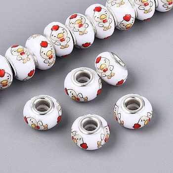 Opaque Resin European Beads, Rondelle Large Hole Beads, with Silver Color Plated Brass Cores, White, Chick, 13.5~14x9mm, Hole: 5mm