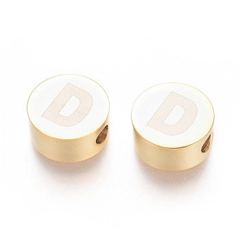 304 Stainless Steel Beads, Flat Round with Letter, Letter.D, 10x4.5mm, Hole: 2mm