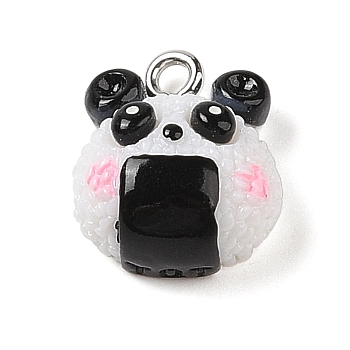 Opaque Resin Imitation Food Pendants, Panda Rice Ball Charms with Platinum Plated Iron Loops, Black, 16x13x7.5mm, Hole: 2mm