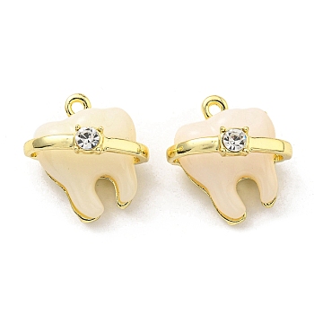 Rack Plating Alloy Resin Pendants, Tooth Shape Charms with Crystal Rhinestone, Long-Lasting Plated, Lead Free & Cadmium Free, Golden, Antique White, 18~19x18x15~15.5mm, Hole: 1.6~2mm