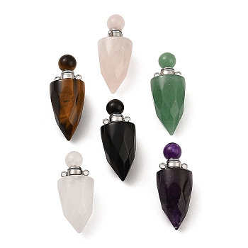 Natural Mixed Stone Openable Perfume Bottle Pendants, Faceted Bullet Perfume Bottle Charms, with Stainless Steel Color Plated 304 Stainless Steel Findings, 38~39x16mm, Hole: 1.8mm
