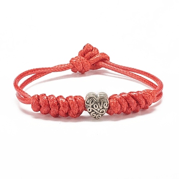 Heart with Word Love Alloy Beaded Cord Bracelet, Adjustable Bracelet for Women, Red, 7-5/8 inch(19.5cm)