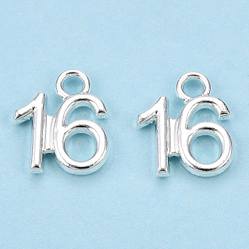 Alloy Charms, Number 16, Silver, 12x10x1.5mm, Hole: 1.8mm
