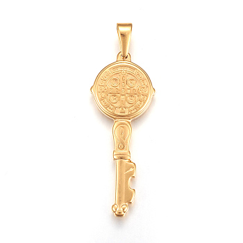 304 Stainless Steel Big Pendants, Key with Saint Benedict Medal, Golden, 52x20.5x3.5mm, Hole: 4.5x8.5mm