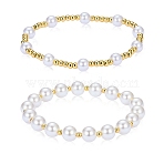 2Pcs 2 Styles ABS Plastic Imitation Pearl & Shell Pearl & Brass Beads Bracelets, Stretch Bracelets for Women, Golden, Perimeter: 6-7/8~7-1/8 inch(17.5~18cm)(BJEW-SW01606)