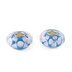 Lampwork & Brass Core European Beads, Large Hole Beads, Rondelle with Flower, Light Sky Blue, 15x7.5mm, Hole: 4mm(LAMP-P019-01P-03)