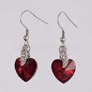 Heart 304 Stainless Steel Glass Dangle Earrings, with Brass Rhinestone Findings, Red, 40mm, Pin: 0.8mm(EJEW-JE01977-04)