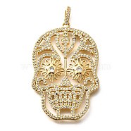 Brass Micro Pave Cubic Zirconia Pendants, Skull, with Jump Ring, Real 18K Gold Plated, 47x31x3mm, Hole: 5x3mm(KK-U055-08G-01)