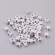 Letter A Cube Acrylic Beads, Horizontal Hole, White, 6mm in diameter, hole: 3.2mm, about 300pcs/50g(X-PL37C9308-A)