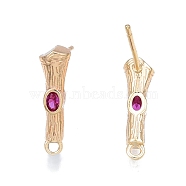Brass Micro Pave Cubic Zirconia Stud Earring Findings, with Horizontal Loops, Nickel Free, Bamboo Stick, Real 18K Gold Plated, Medium Violet Red, 16x4.5mm, Hole: 1.2mm, Pin: 0.8mm(KK-T062-247G-03)