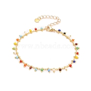 Glass Charm Bracelets, with Brass Curb Chains, 304 Stainless Steel Heart Charms & Lobster Claw Clasps, Real 18K Gold Plated, Colorful, 7-1/2 inch(19cm)(BJEW-JB05600-03)