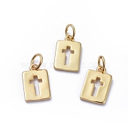 Brass Pendants, Cut-Out, Long-Lasting Plated, with Jump Rings, Rectangle with Cross, Golden, 12.5x8x1mm, Hole: 3.4mm(KK-G387-02G)