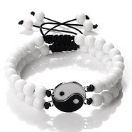 Adjustable Round Natural White Jade Beaded Stretch Bracelet Sets, Black and white Yin-yang Tai Chi Link Stackable Bracelets(GW3439-9)