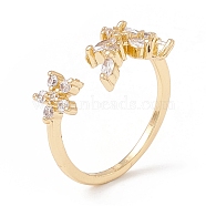 Clear Cubic Zirconia Flower and Leaf Open Cuff Ring, Brass Jewelry for Women, Lead Free & Cadmium Free, Real 18K Gold Plated, US Size 7 3/4(17.9mm)(KK-E005-08G)