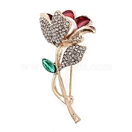 Valentine's Day Rose Flower Zinc Alloy Crystal Rhinestone Brooches, with Enamel, Dark Red, 54.5x28mm(JEWB-I031-03A)