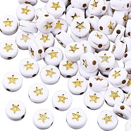 Opaque Acrylic Beads, Flat Round with Star, White, Golden Plated, 7x4mm, Hole: 1.5mm, about 1800pcs/250g(sgPACR-SZ0001-004B-01A)