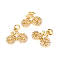 Brass Micro Pave Cubic Zirconia Pendants, with Jump Ring, Long-Lasting Plated, Bicycle, Clear, Golden, 13.5x16.5x2mm, Hole: 3mm(ZIRC-G167-02G)