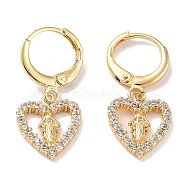 Real 18K Gold Plated Brass Dangle Leverback Earrings, with Cubic Zirconia, Virgin Mary, Heart, 27x12mm(EJEW-L269-024G-02)