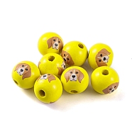 Wood European Beads, Round with Dog Pattern, Gold, 16x15mm, Hole: 4.5mm(WOOD-G021-01J)