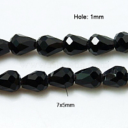 Crystal Glass Beads Strands, Faceted, teardrop, Black, 7x5mm, about 65~67pcs/strand, 18~18.5 inch(45.5~46.9cm)(GLAA-D034-7x5mm-14)
