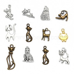 Kitten Theme Tibetan Style Alloy Pendants, Mixed Cat Shapes, Mixed Color, 13~52x9~35x1.5~2.5mm, Hole: 1.5~3mm(TIBEP-MSMC018-M2)