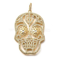 Brass Micro Pave Cubic Zirconia Pendants, Skull, with Jump Ring, Real 18K Gold Plated, 47x31x3mm, Hole: 5x3mm(KK-U055-08G-01)